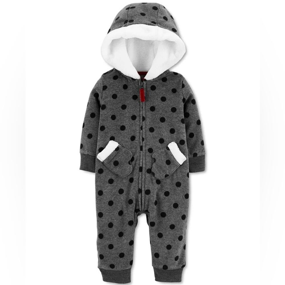 Carter's Polka Dot Hooded Fleece Playsuit in grey, size 3 months